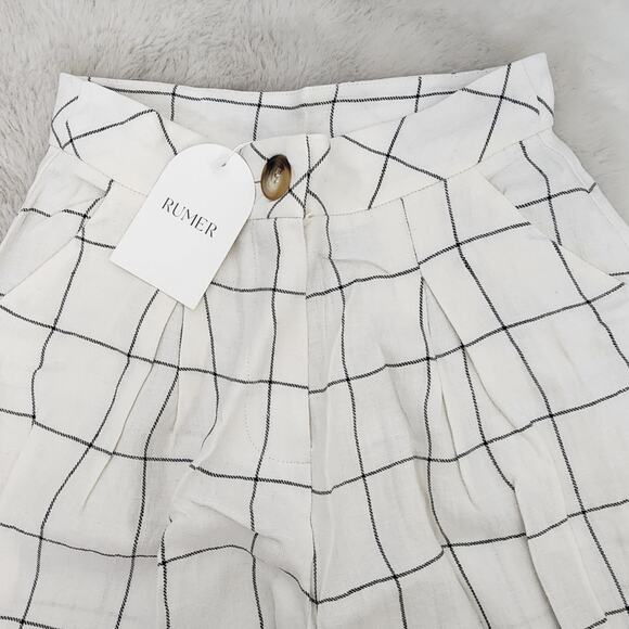 Rumer The Label Quinn Plaid Linen Wide Leg Pants Ivory High Waist Pleated NWT S - Picture 5 of 12